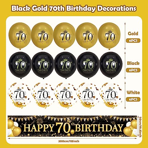 Image of 70th Birthday Decorations - Black Gold 70th Birthday Banner & Balloons for Indoor /Outdoor Parties