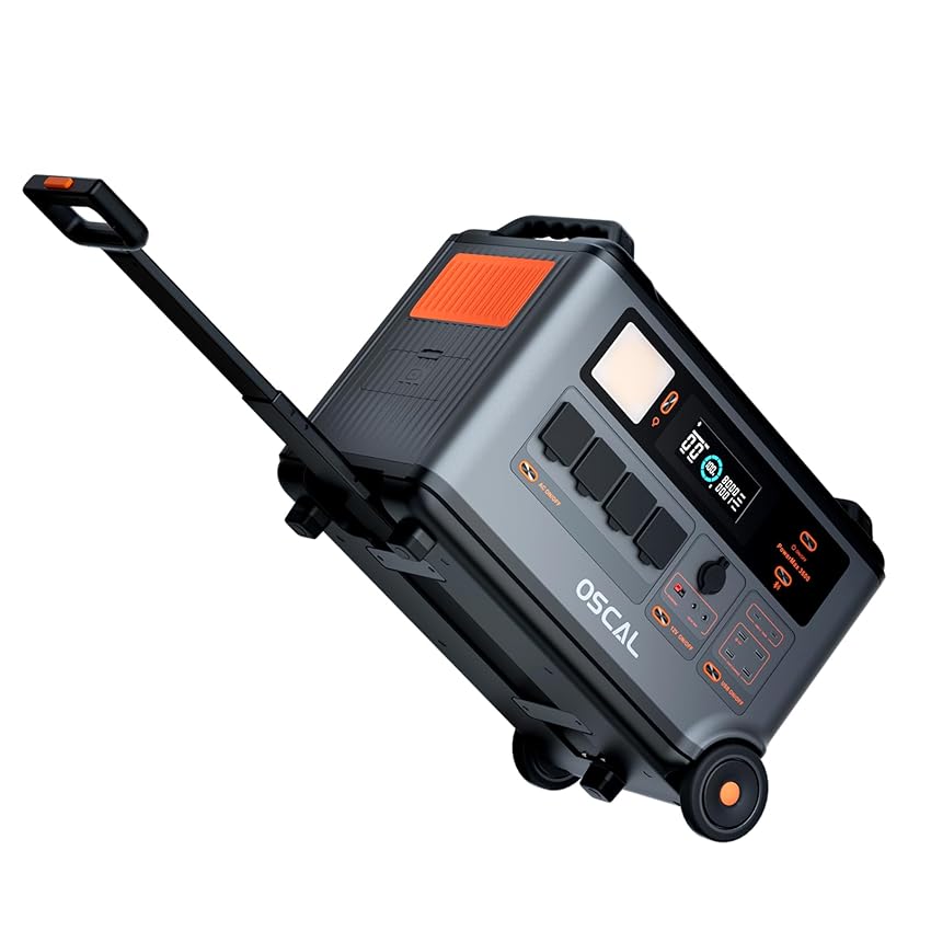 Statione di Energia Portatile OSCAL PM3600, 3600W (7200W picco), batteria LFP 3600Wh espandibile a 57.6kWh. Ricarica completa in 1.2 ore, 14 porte. Generatore solare per campeggio emergenze.