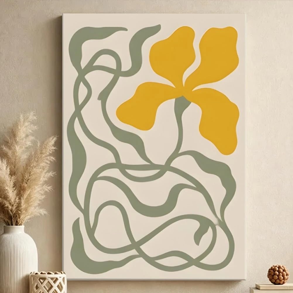 1 cuadro abstracto de flores amarillas con líneas verdes, ideal para la decoración del hogar (60x80cm/sin marco).