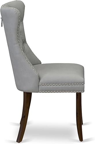 Miniatura 6 de DAP8F27 Dallas Parsons - Juego de 2 sillas de comedor tapizadas de tela de poliéster gris claro con botones copetudos, color nogal antiguo