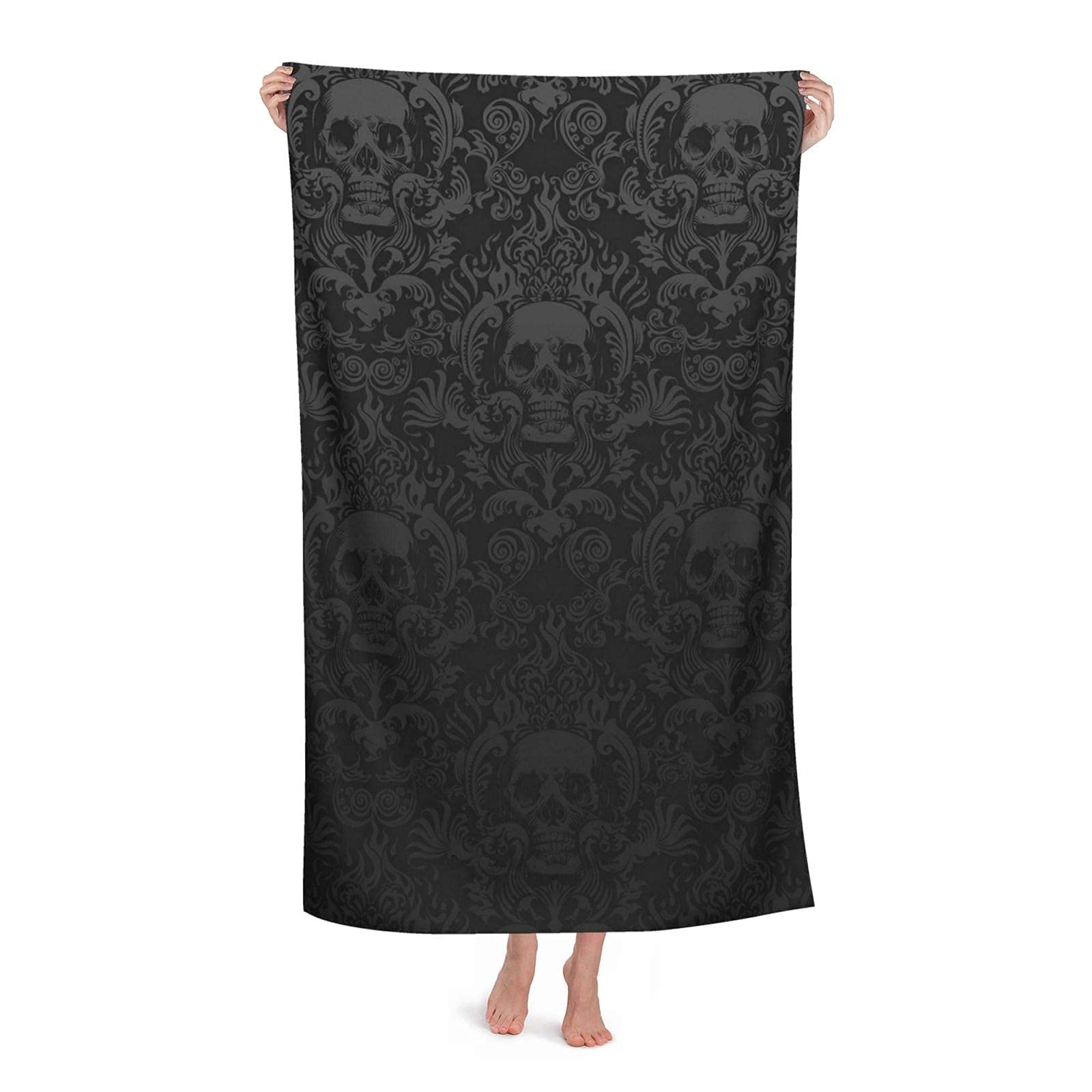 Dljiyzx As Picture Beach Towel Victorian Gothic Black Skull Damask Highly Absorbent Microfiber Blanket Soft Oversized Bath Towels 80X130cm