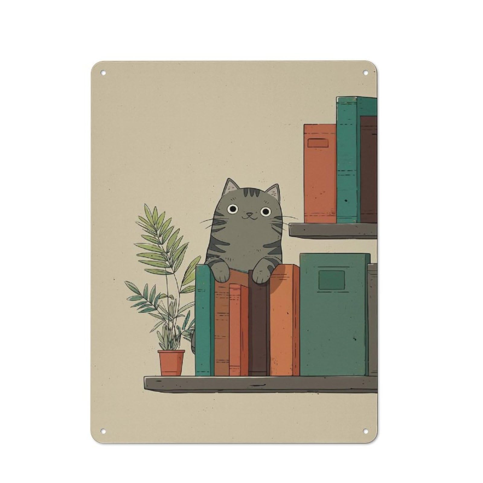 Junmoney Style-2 Vintage Cat On Bookshelf Illustration Vintage Metal Sign 40X30cm, Restaurant Wall Art For Takeaway, Bar, Kitchen Or Counter Area