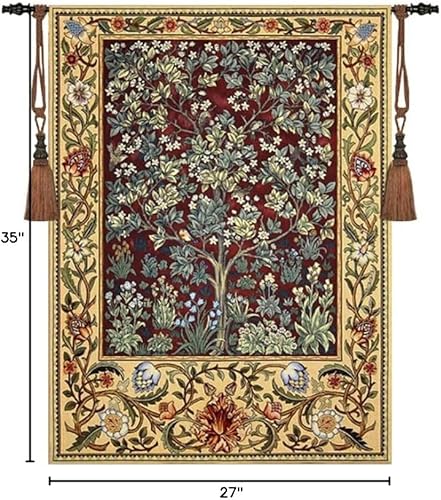 Aubelin Tapiz pequeño Rubí, William Morris, árbol de la vida, tapiz de arte fino para colgar en la pared, tamaño 35 x 27 pulgadas