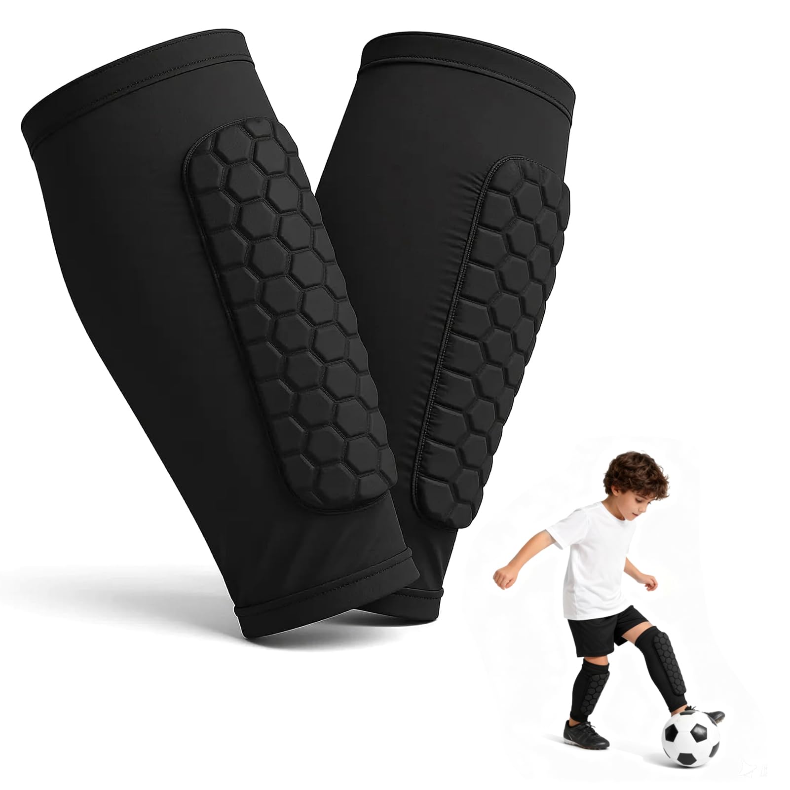 Soccer Shin Defender Shin Guards Pads for Kids, Youth Adult, Calf Compression Sleeve with Honeycomb Pads, Shin Guard Soccer Sleeves for Boys, Girls, Support for Basketball Boxing, 1PAIR, Black (S)-image-33