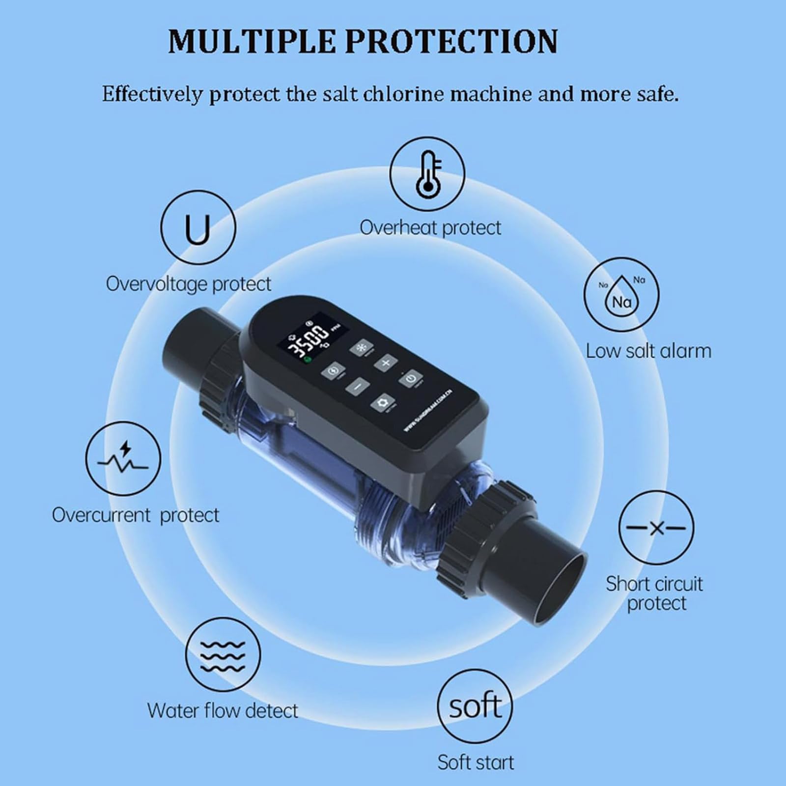 Clorador Salino para Piscinas, Generador de Cloro Salino con Control App Inteligente, Sixs Alarmas, Autolimpieza, Ajuste de Salida del 5-100%, para Piscinas de hasta 60.000 GAL,15g/h