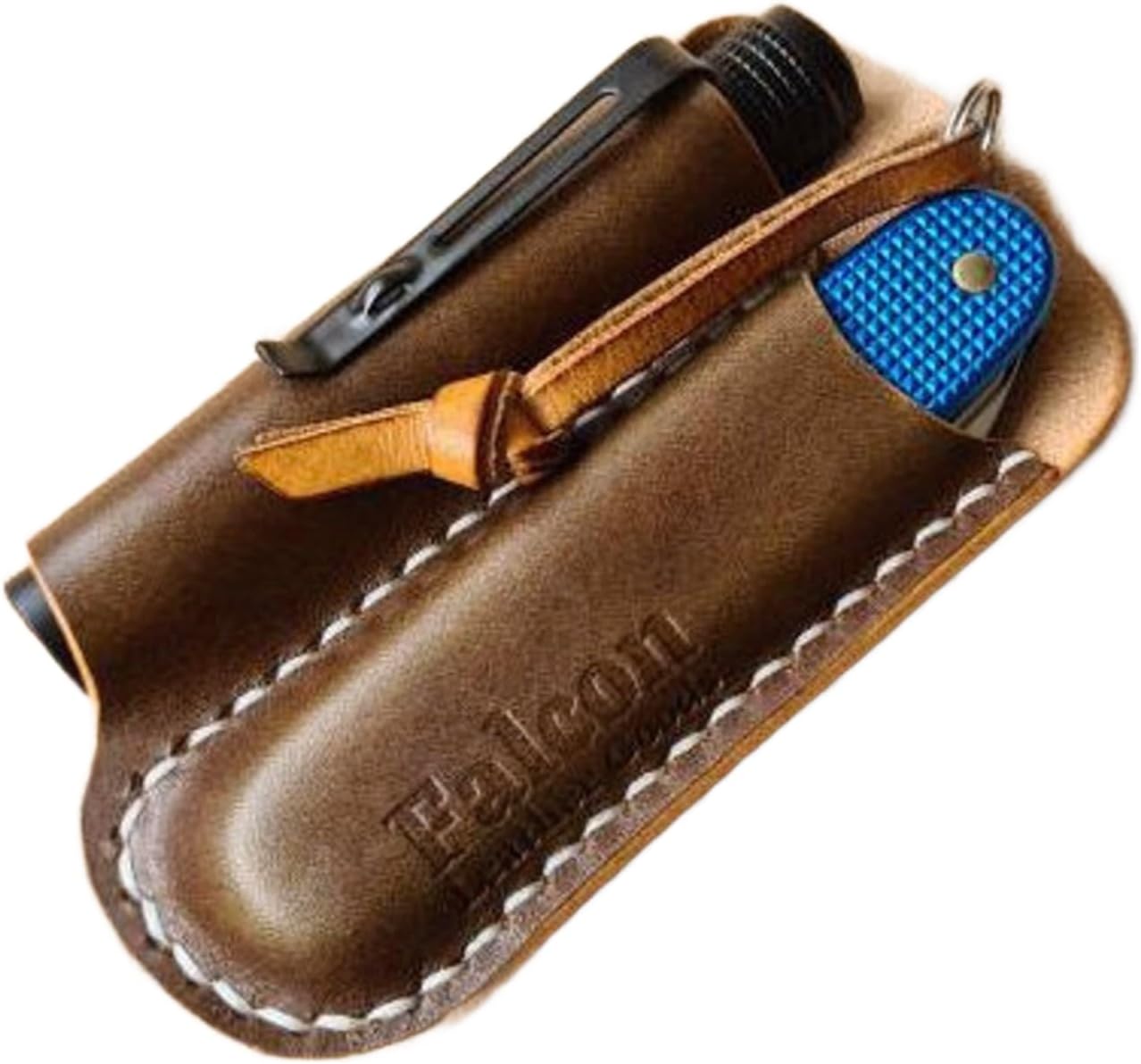 Handmade Knife & Flashlight Leather Sheath/Pocket Organizer (Olive, Stitching: Hazelnut)
