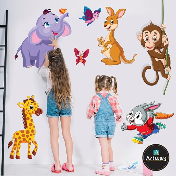 Artway Cartoon Beautiful Animated Lion, Elephant and 3D Butterflies Kids Baby Room Decor Wall, Hall, Living Room Wall Sticker (60 cm x 65 cm)