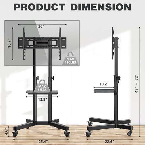 Miniatura 3 de Soporte de TV móvil con ruedas para pantallas planas LCD LED 4K de 32 a 80 pulgadas con ruedas, carrito de TV ajustable en altura con estante para