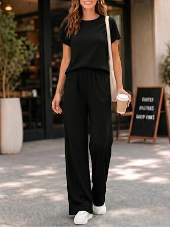2 Piece Lounge Sets for Womens 2026 Waffle Knit Matching Sets Short Sleeve Top Wide Leg Pants with Pockets