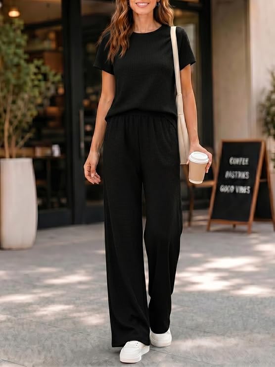 2 Piece Lounge Sets for Womens 2026 Waffle Knit Matching Sets Short Sleeve Top Wide Leg Pants with Pockets