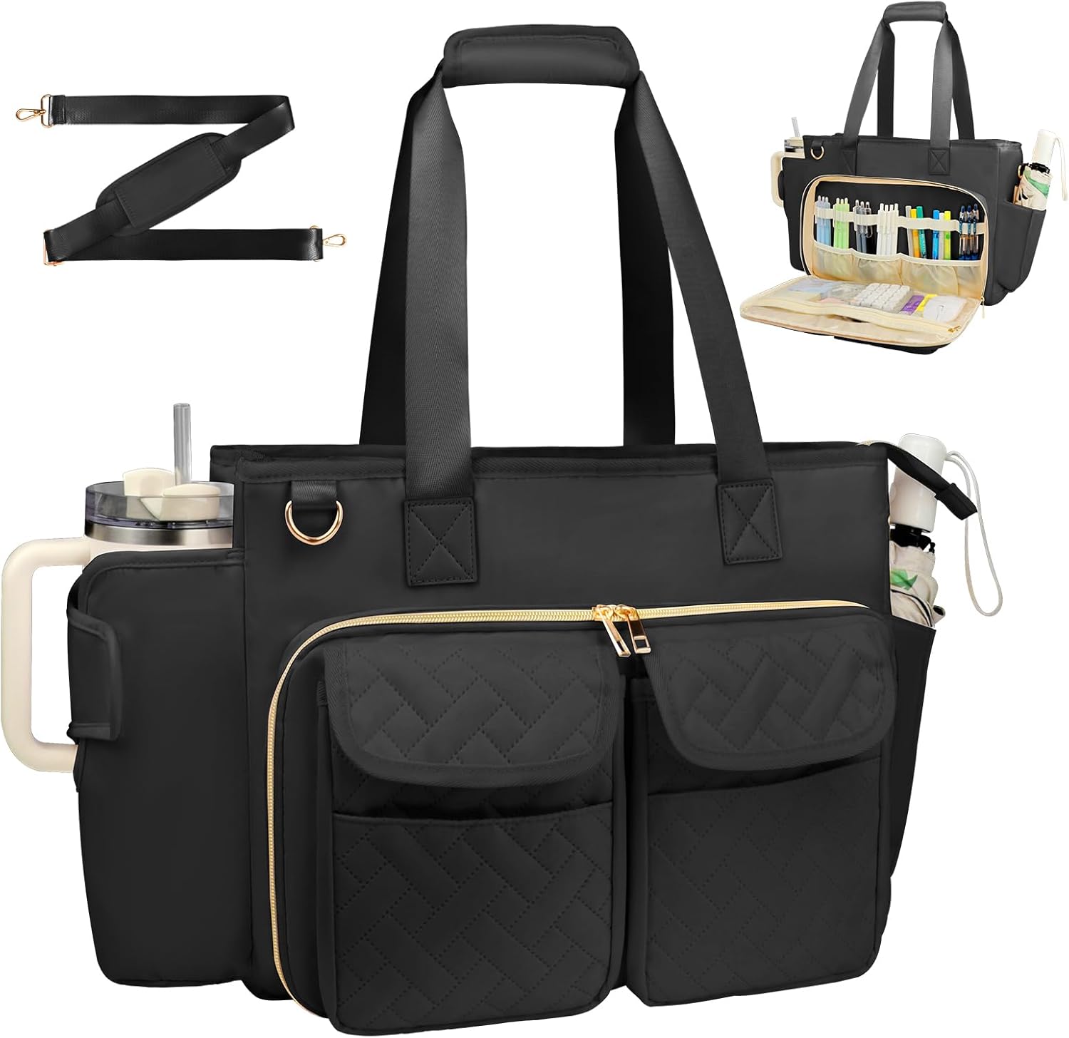 Teacher Tote Bag with 15.6 Inch Laptop Compartment, Soft Nylon Teacher Utility Bag with Multiple Pocket& Shoulder Strap, Large Work Tote Bag for Office& Teacher Supplies Organizer Women (Black)