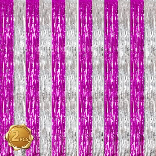 Image of BEISHIDA Hot Pink Silver Door Streamers Backdrop Foil Fringe Tinsel Party Streamers Curtains Photo Backdrop - 2Pcs for Girl Birthday Valentines Graduation Bachelorette Party Decoations