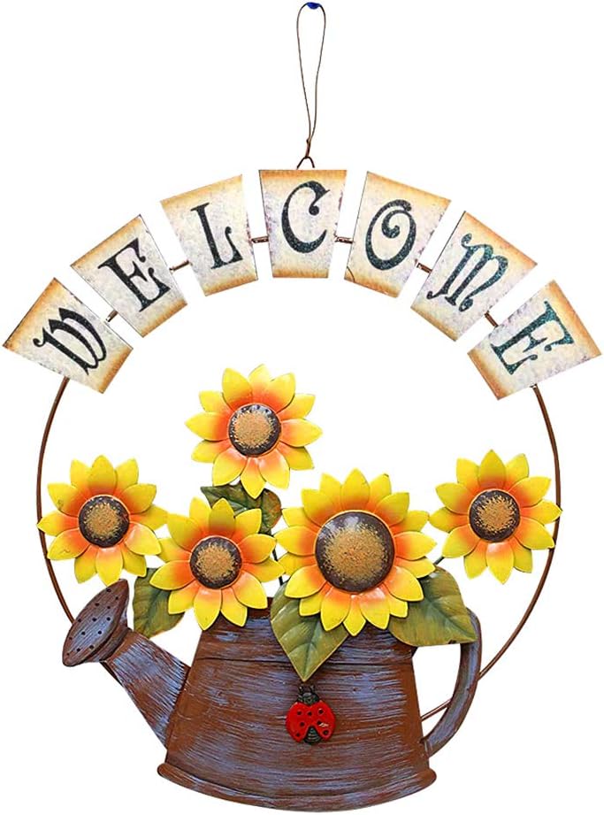 Vintage Metal Welcome Sign Hanging Sunflower Watering Can Design Froot Door Hanging Decor Indoor Outdoor