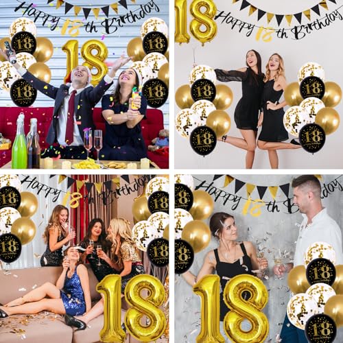 Image of Jobkoo 18th Birthday Decorations, Black Gold 18th Birthday Party Decoration for Boys Girls Golden Black 18th Balloons Cake Topper 18th Banner for 18 Year Old Party Supplies