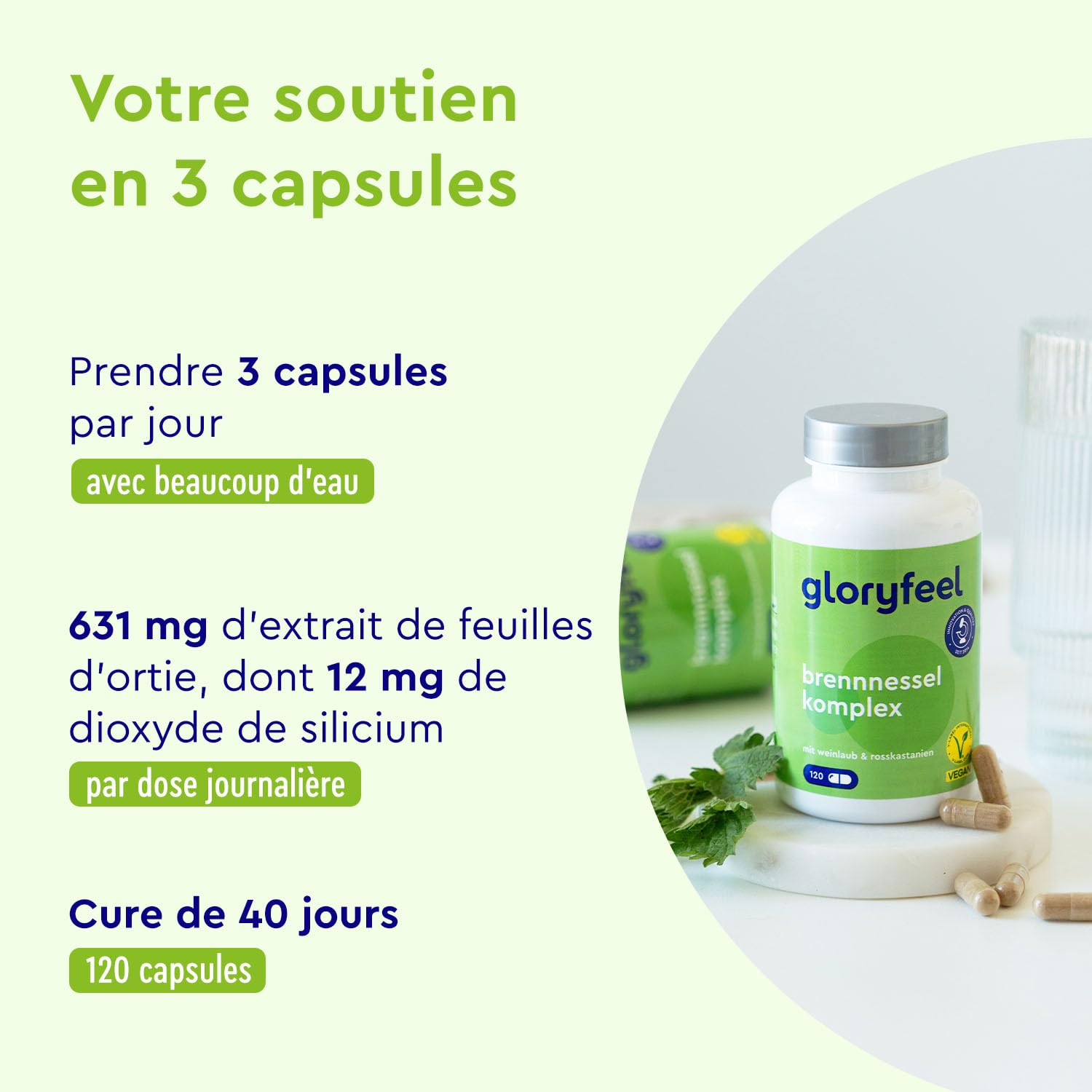 Extrait d'Ortie - Avec Extrait de Marron d'Inde + feuilles de vigne rouge - 120 Capsules - Complexe de Feuilles d'Ortie + Vitamine C, Manganèse & Cuivre - Hautement Dosé, 100% Vegan & Sans Additifs