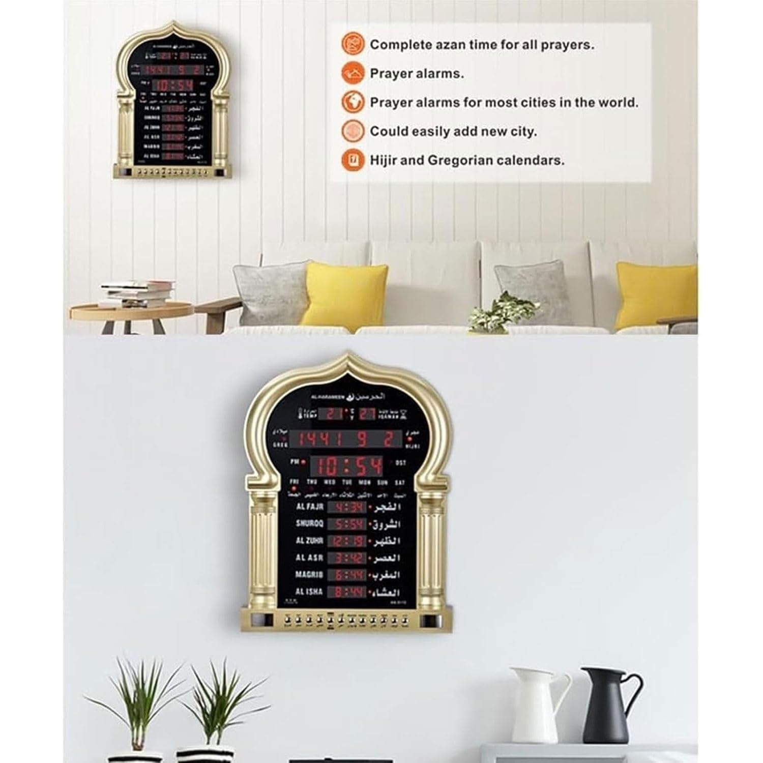 Reloj digital de oración, reloj Azan LED automático con 5 tiempos de oración modificados, memoria de apagado y función de despertador especial, temperatura y hora conmutables, reloj digital mezquita