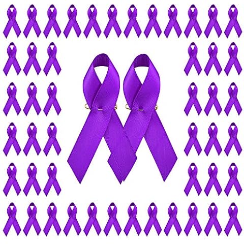WANDIC 100pcs Purple Ribbon Satin Pins Awareness Pins Domestic Violence Lupus Alzheimers Pancreatic Cancer Awareness Pins Purple Brooch, 7.5 * 4cm Cover