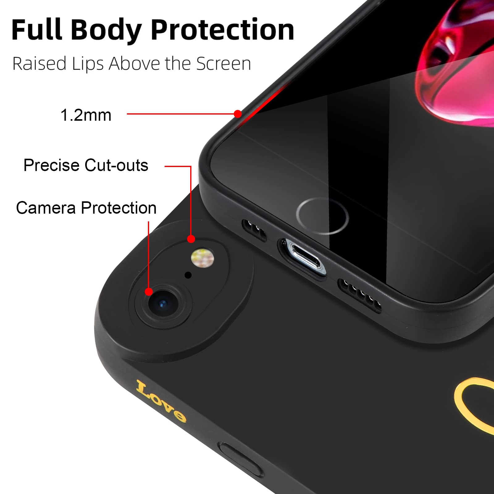 Pnakqil Cover per iPhone 8/iPhone SE 2020/iPhone 7/SE 2022 Silicone Morbido Nera TPU Antiurto Gold Cuore Disegni Custodia per Donna Ragazza Anti-Graffio Protezione Fotocamera Case per iPhone 8