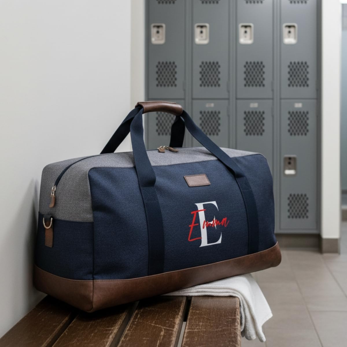 DEREGALOOS Bolsa de Viaje Personalizada con Nombre. Bolsa de Deporte de 47,5L en Algodón con Detalles Marrones. Ideal para Escapadas, Gimnasio (Azul - Inicial y Nombre) - 4