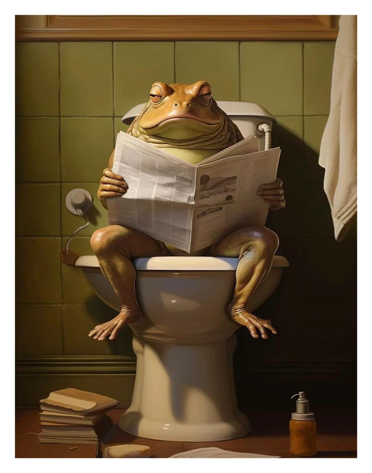 XENITE Wall Art Canvas Prints Funny Animal Rabbit Giraffe Frog Sitting On The Toilet Reading Newspaper Canvas Painting Poster Prints Wall Art Pictures Home Decor(E,50x70cm)