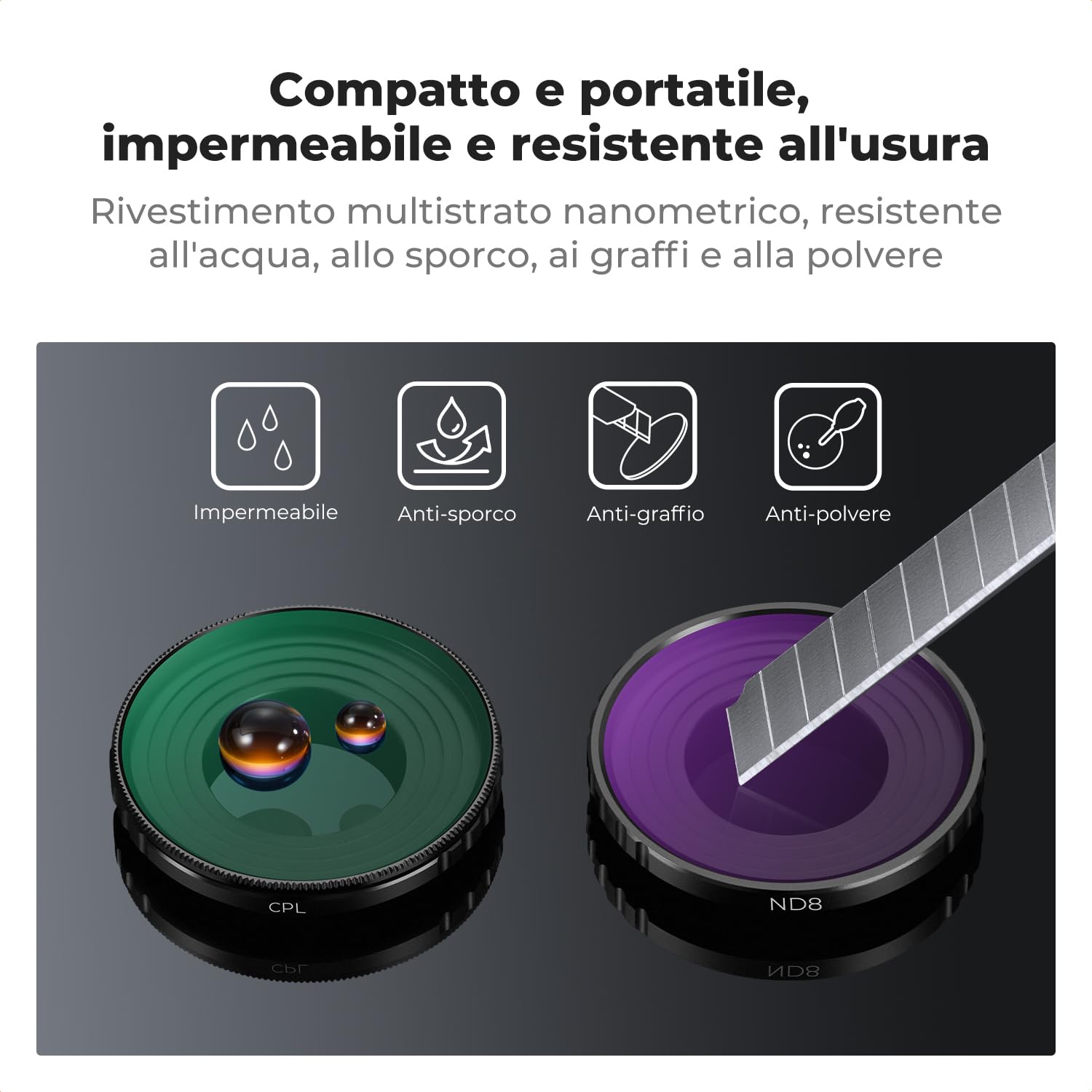 K&F CONCEPT Set di Filtri ND Compatibile con Fotocamera Vlogging DJI Osmo Nano, 4 Pezzi Filtri ND8 ND16 ND32 ND64 in Vetro Ottico HD Multirivestito, Accessori per Obiettivo di Action Camera