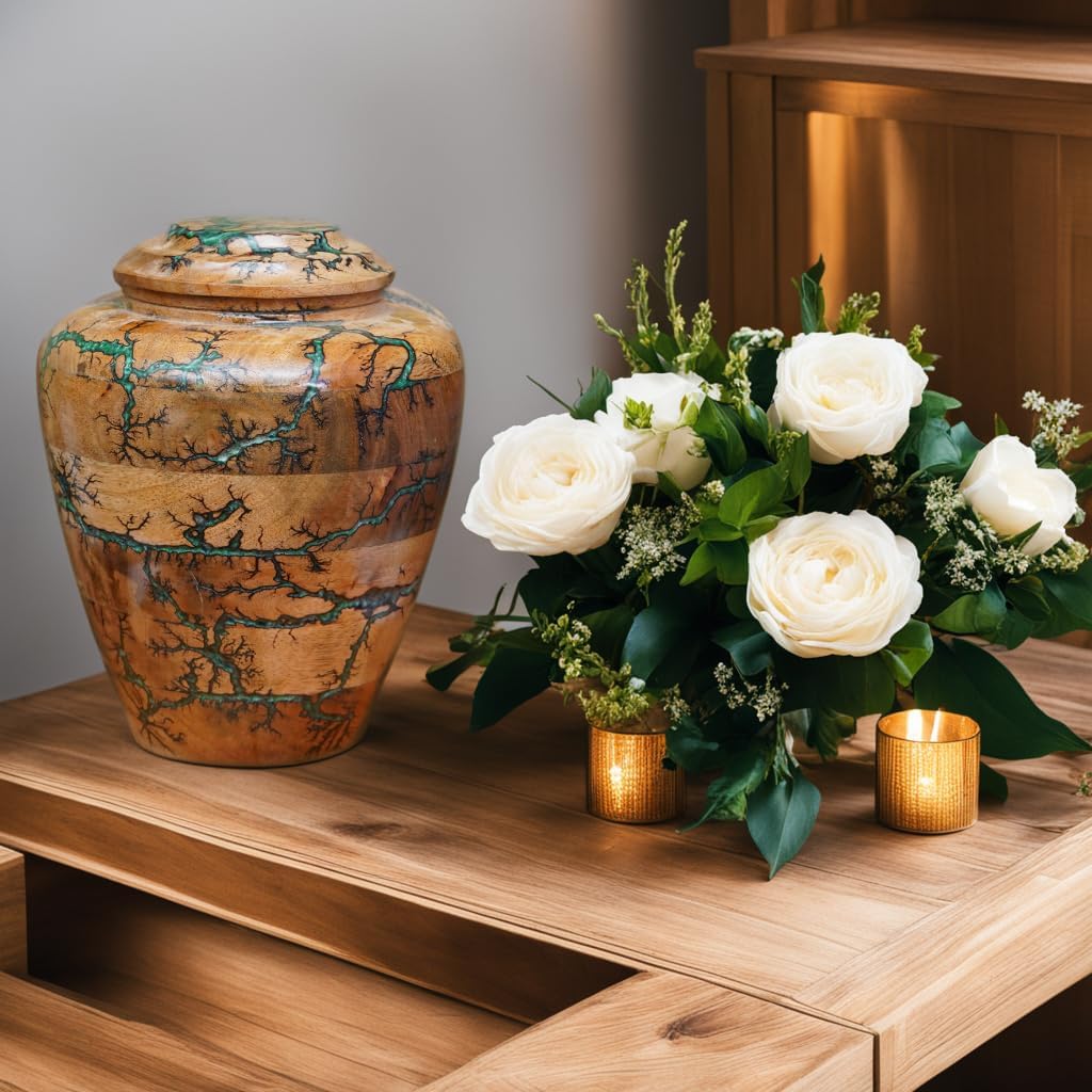 Urn for Human Ashes Large Wooden urn for Cremation Adult urn Box for Ashes Personalized Wooden urn Burial urn for Funeral Wood Box (Green 02)