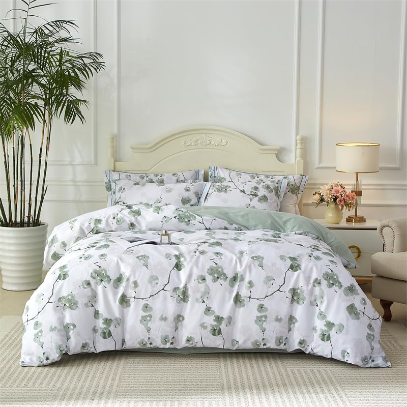 Parure de lit 2 personnes en microfibre fleurie vert blanc