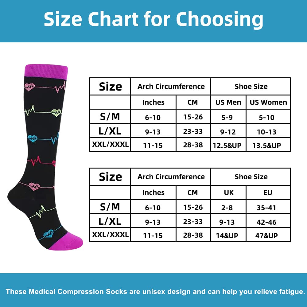 Chaussettes de compression pour femmes et hommes, 7 paires de bas de compression médicaux Chaussettes de soutien 15-20 mmHg pour l'athlétisme, les varices, la course, le cyclisme, la randonnée
