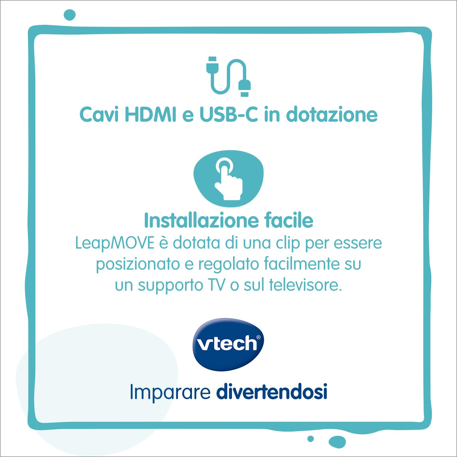 VTech LeapMove, Console TV Interattiva per Bambini, Rileva i Movimenti Senza Controller, Pronta all'Uso, 25 Giochi Educativi, 3 Profili Giocatore, Lingua Italiana, Cavi Inclusi, 4-11 Anni