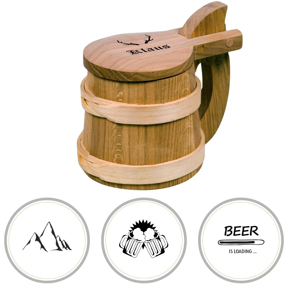 HOFMEISTER® Bierkrug Holz mit Gravur – Eiche und Kirschholz mit Deckel, personalisiert mit Name und Motiv, Handarbeit, Geschenk für Männer (1 Stück)