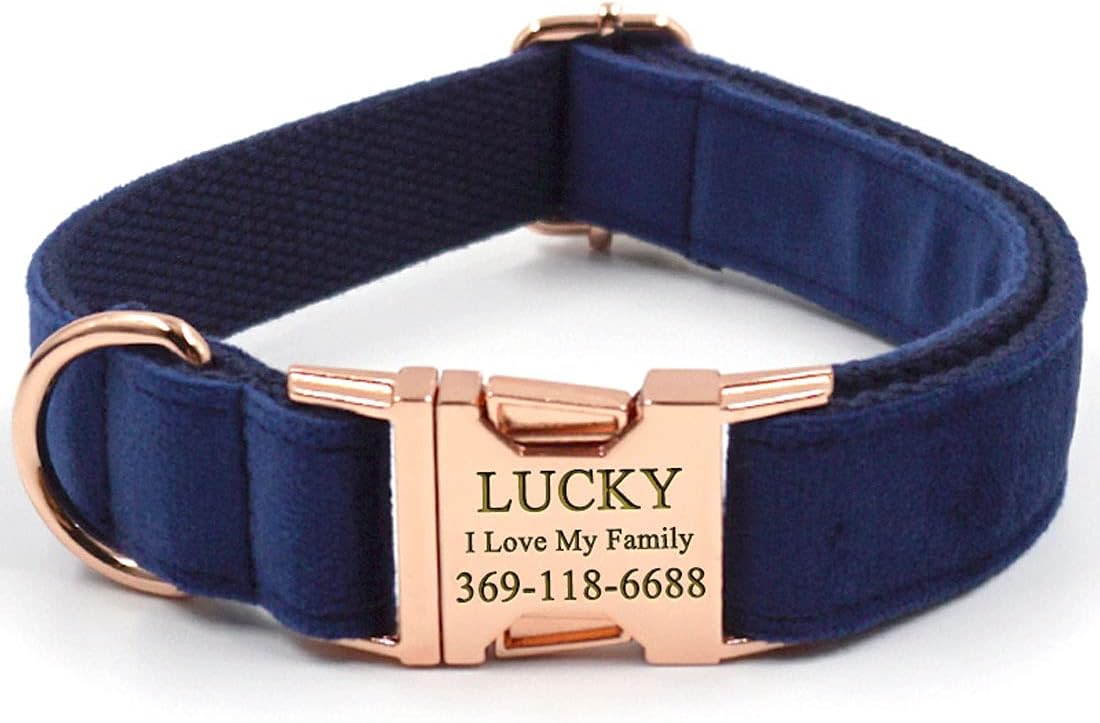 PETDURO Custom Dog Collar Personalized with Name Engraved Cute Velvet Quick Release Rose Gold Metal Buckle for Large Medium Small Dogs (Dark Blue, Collar with Leash)