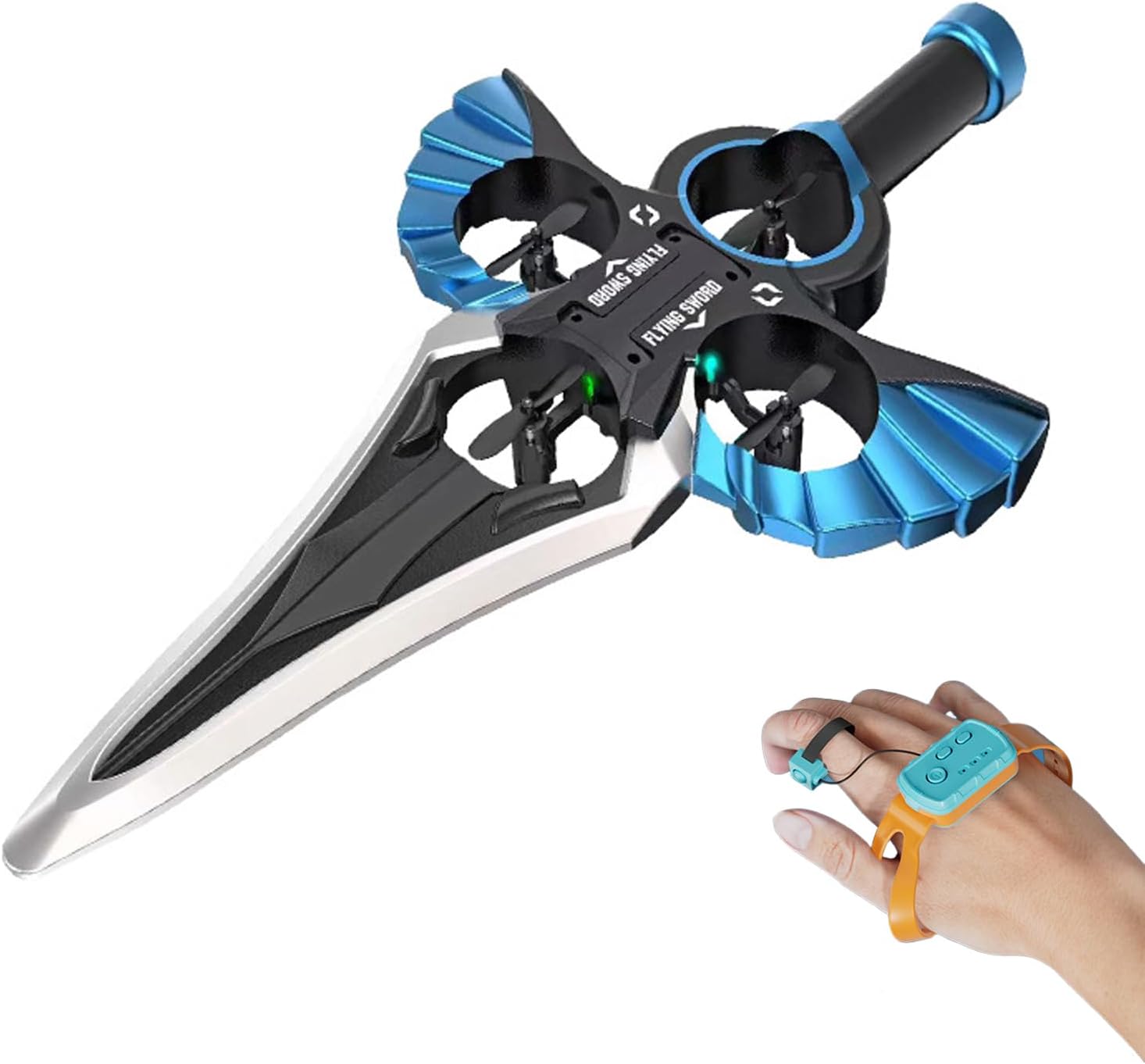 Denash RC Flying Sword in blue color, showcasing its design with propellers and LED lights.