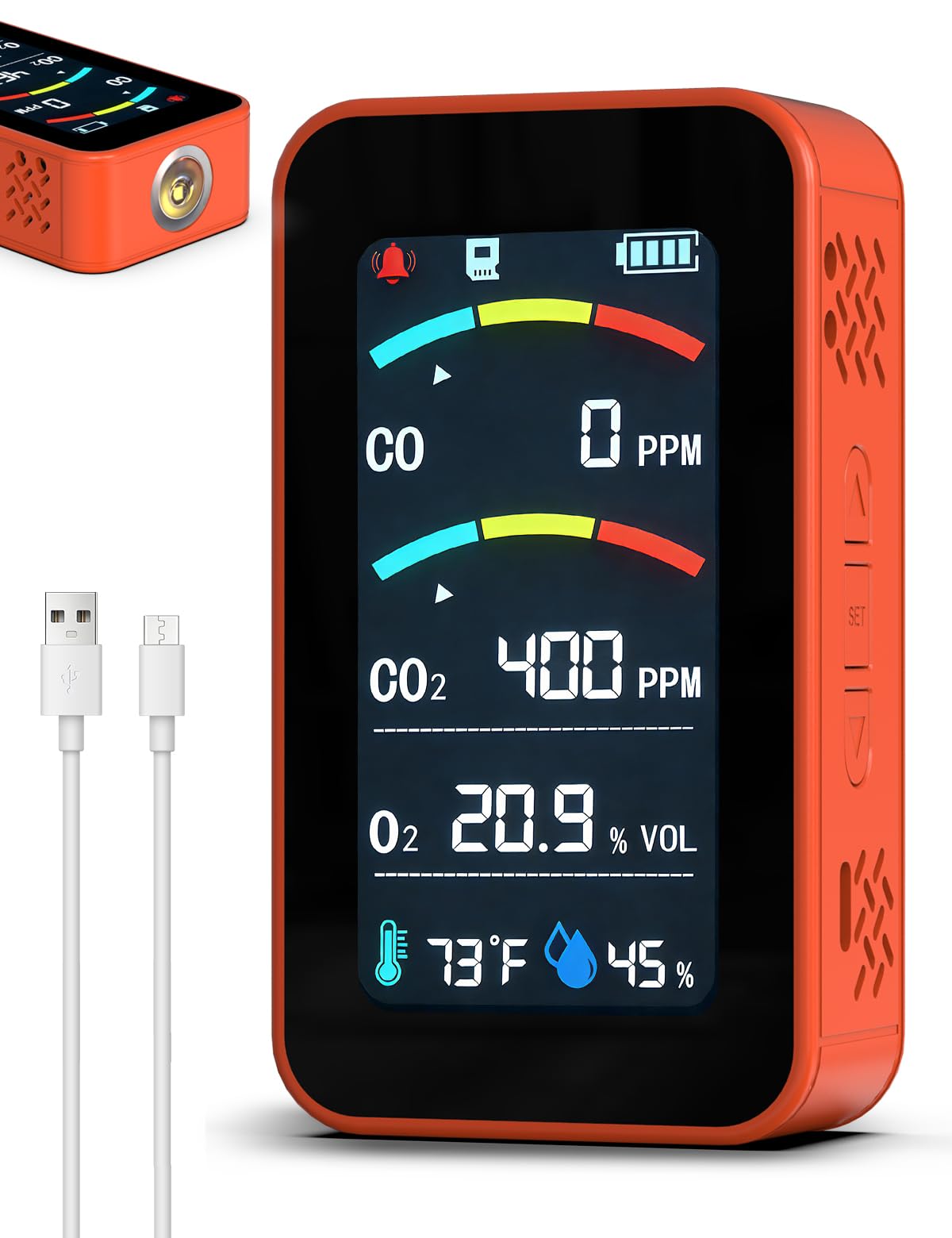 Oxygen Detector, SQECH 7-in-1 Rechargeable Oxygen Monitor Measures CO/CO2/O2/Temperature/Humidity, with Flashlight & SD Card, Oxygen Meter with Alarm & 3.27" Display, for Home, Camping, RV, Travel-picture-17