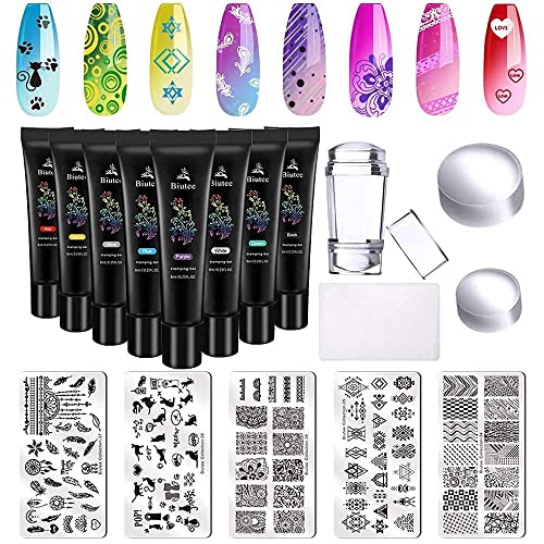 Biutee Juego de Placas para Estampar Uñas, 8 Colores de Gel para Estampar Uñas y 5 Plantillas para Decoración de Uñas DIY, Juego Creativo de Plantillas de Manicura para Salón de Uñas