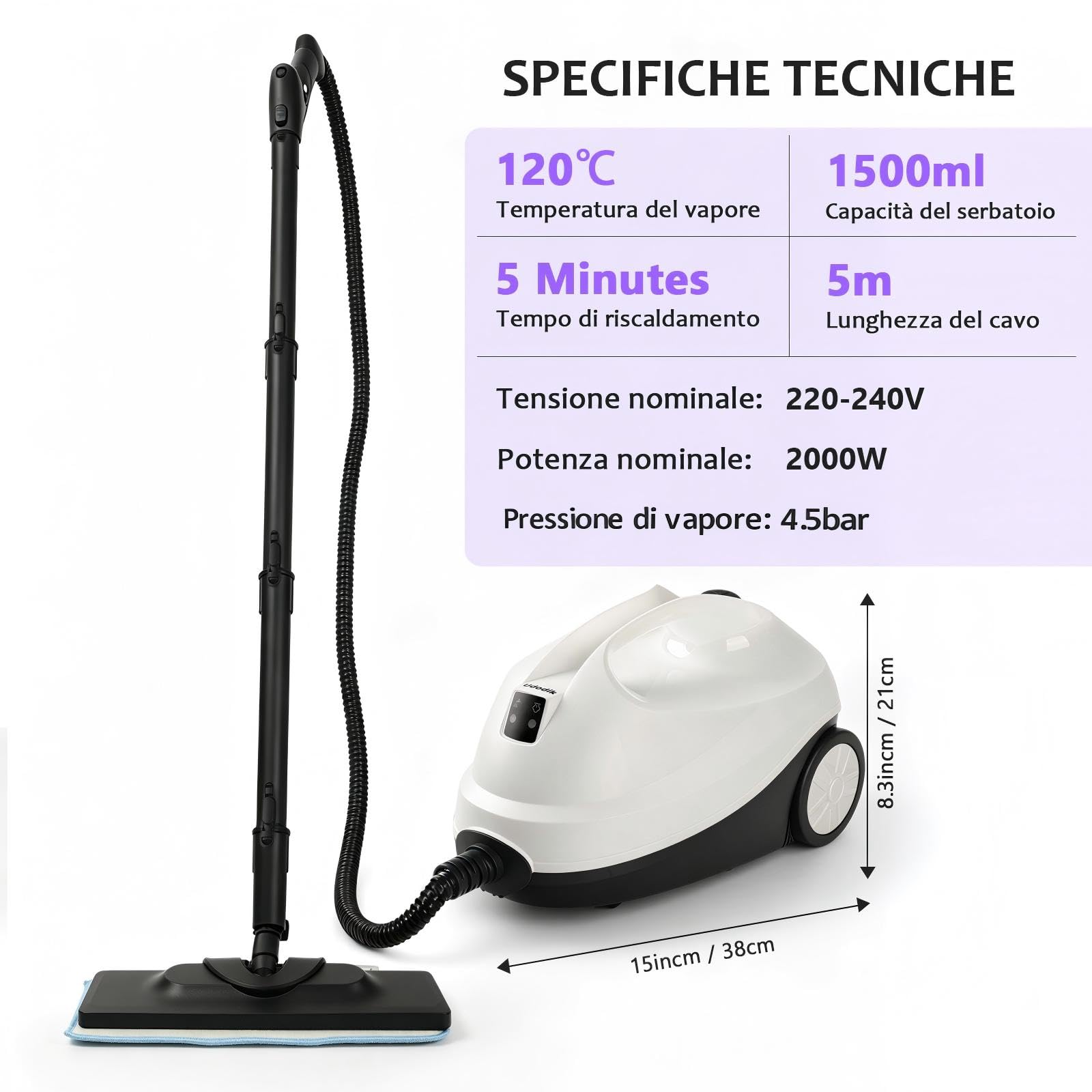 Pulitore a Vapore, Pulitore a Vapore Portatile per la Casa, 120°C Vapore ad Alta Temperatura con 20 Accessori, Ideale per Pavimenti, Divani, Finestre, Mobili e Cucina