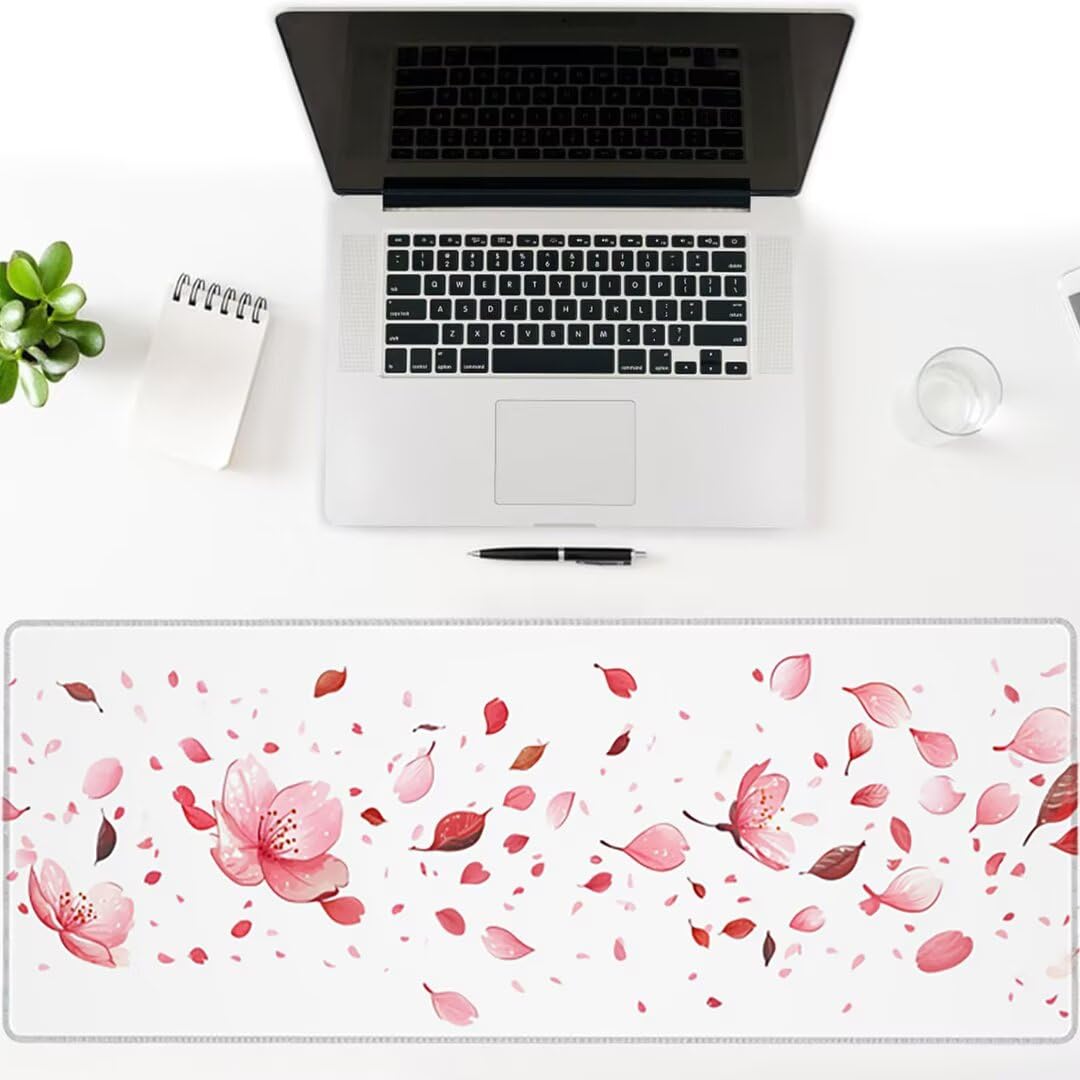 Duża gamingowa podkładka pod mysz, 1400 x 600 x 3 mm, kwiat, bardzo duża podkładka pod mysz na biurko z przeszytą krawędzią, antypoślizgowa, wodoodporna podkładka pod mysz, biała, długa podkładka pod