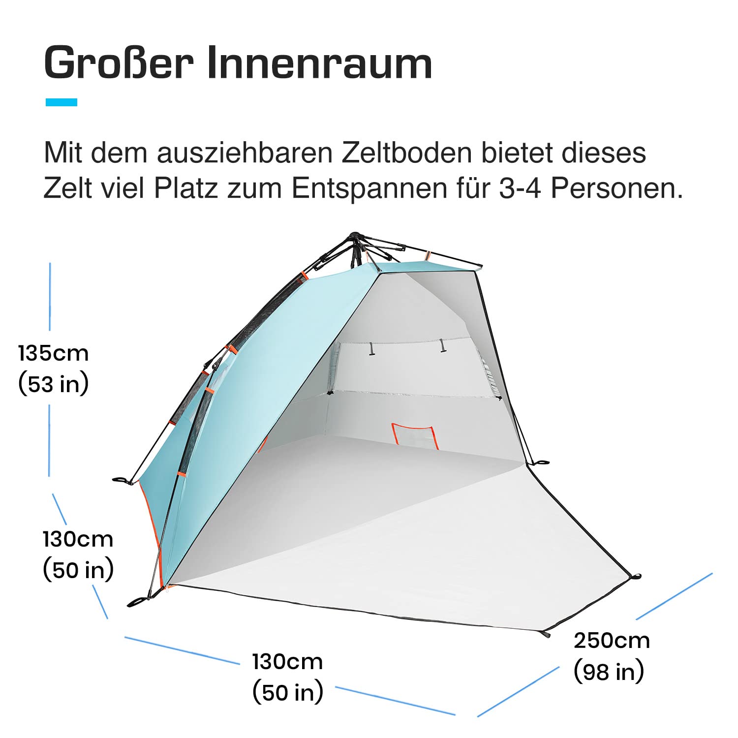 Active Era Luxus Strandzelt mit UV Schutz LSF 50+, Strandmuschel XXL Wasserabweisend, Easy Pitch Aufbau, Zelt für 5 Personen, Blau
