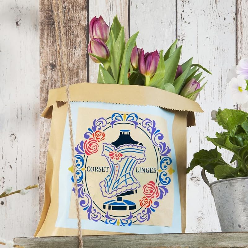 Mandala Soul Corsets Linges Stencil, Dress Rose Border Drawing Painting Stencils Reusable Plastic Stencil Drawing Templates for Painting on Wood Furniture Home Decor, 12x12inch 3