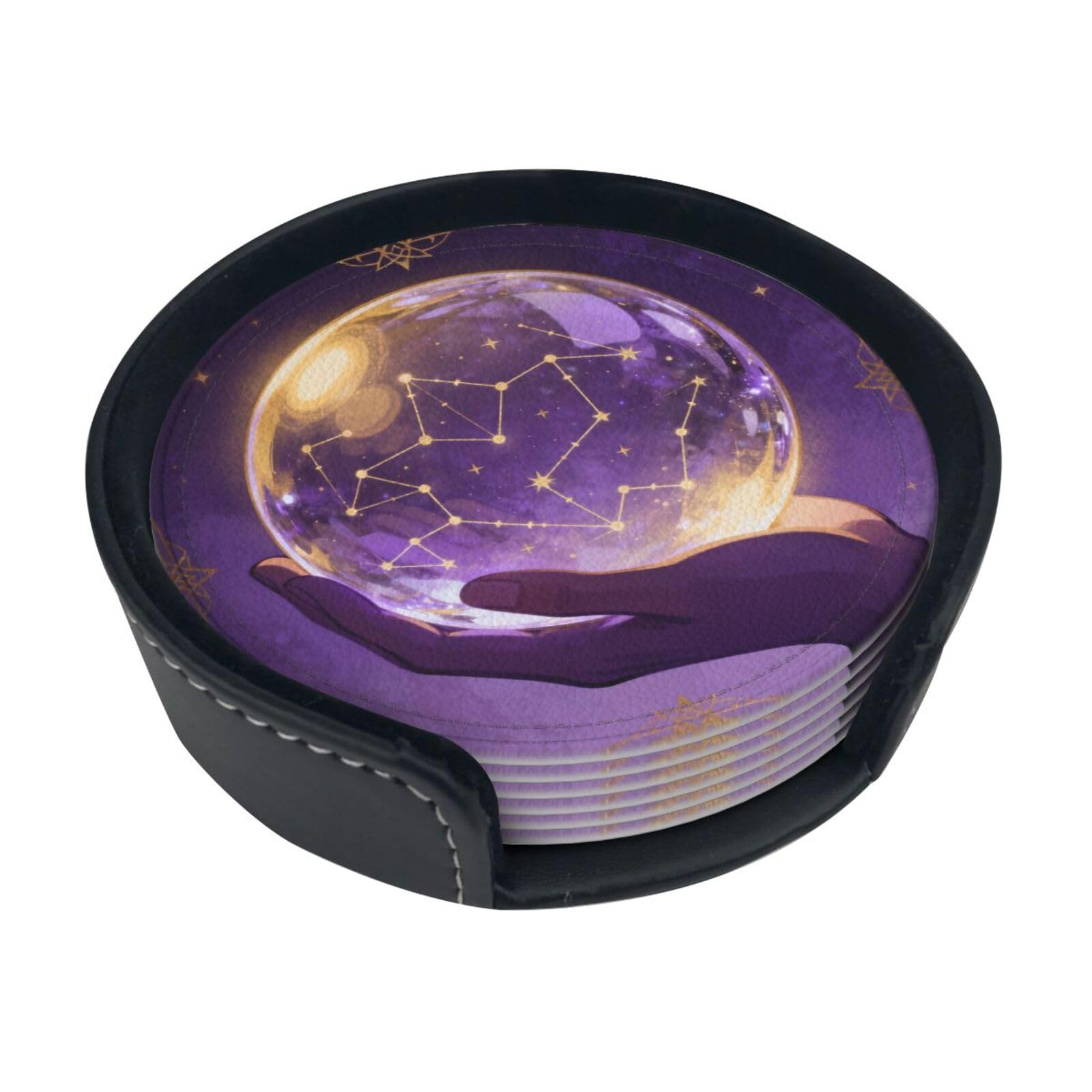 Cntdbu White Crystal Ball Stars Leather Coasters Set Of 6-Pu Leather Drink Mats For Table, Heat Resistant Round Coasters With Holder