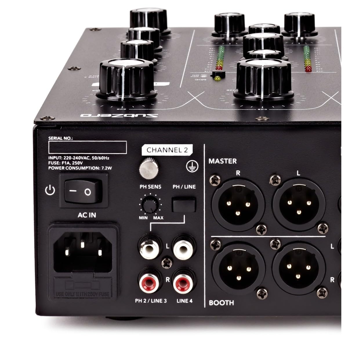 SubZero Mixer DJ rotativo a 2 canali | Per DJ, controlli rotativi per un feeling analogico, EQ 3 bande, monitoraggio cue split, ingresso mic dedicato