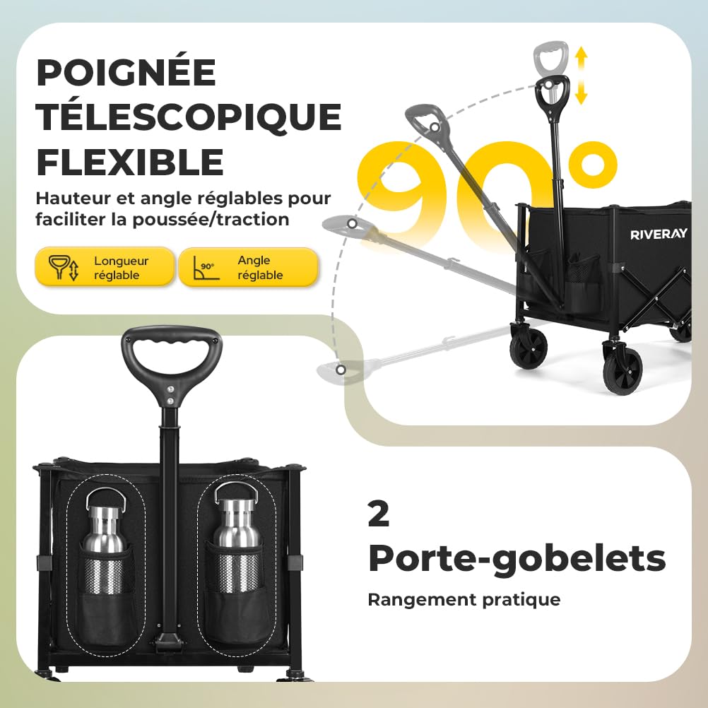 Chariot de Transport Pliable 120L, Montage sans Outil, Chariot Pliable de Jardin et Camping, 4 Roues Tout Terrain Détachables, Poignée Télescopique, pour Plage Jardinage Festival, Noir