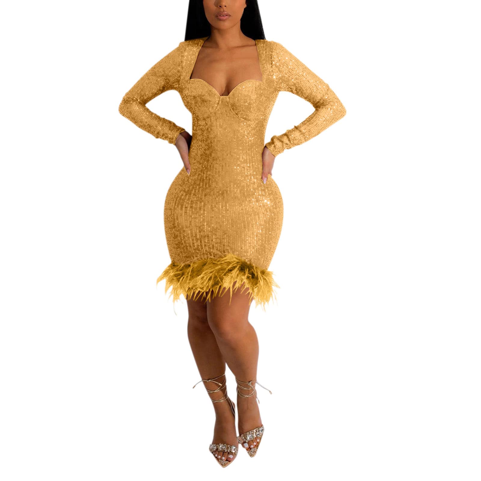 Vestido Lentejuelas Mujer Corto Sexy Curvy Elegante Fiesta Vestido | Brillantes Mujer Ajustado Manga Larga Formales Nochevieja Dress