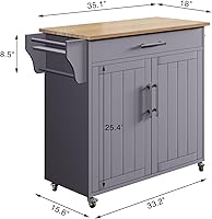 Vista 2 de Isla de cocina con almacenamiento, isla de cocina rodante de 31 pulgadas con ruedas con encimera de madera maciza, carrito de cocina con gabinete