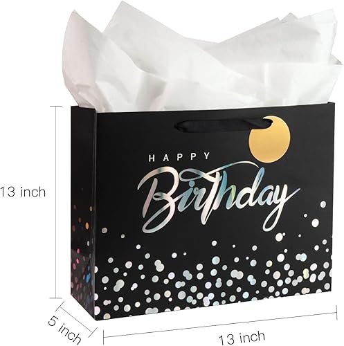 Miniatura 5 de Loveinside Bolsa de regalo de cumpleaños negra con papel de seda para cumpleaños, baby shower, fiesta y más, 13 x 5 x 10 pulgadas, 1 unidad