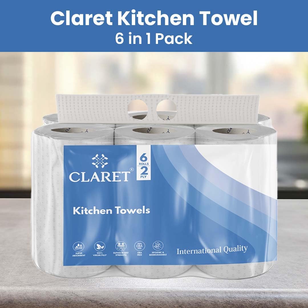 Claret 6 in 1 Kitchen Towels | 2-Ply | Each Roll 60 Pulls | 100% Virgin Pulp | Super Absorbent & Biodegradable | Strong & OBA-Free Tissue Rolls for Cleaning & Kitchen Use (Pack Of 1 (6 Rolls)) - Image 8 thumbnail
