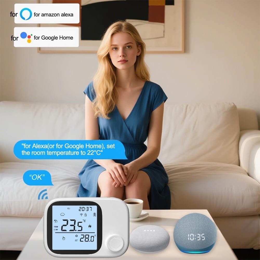RF433 - Termostato wireless per caldaia con WiFi e controllo della temperatura programmabile, per casa intelligente Tuya, lungo raggio di 300 m, ricaricabile tramite USB, per riscaldamento a