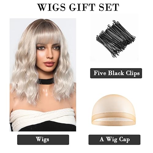 Miniatura 10 de Pelucas cortas onduladas negras para mujer, peluca natural hasta el hombro con flequillo, pelucas sintéticas para cosplay diario