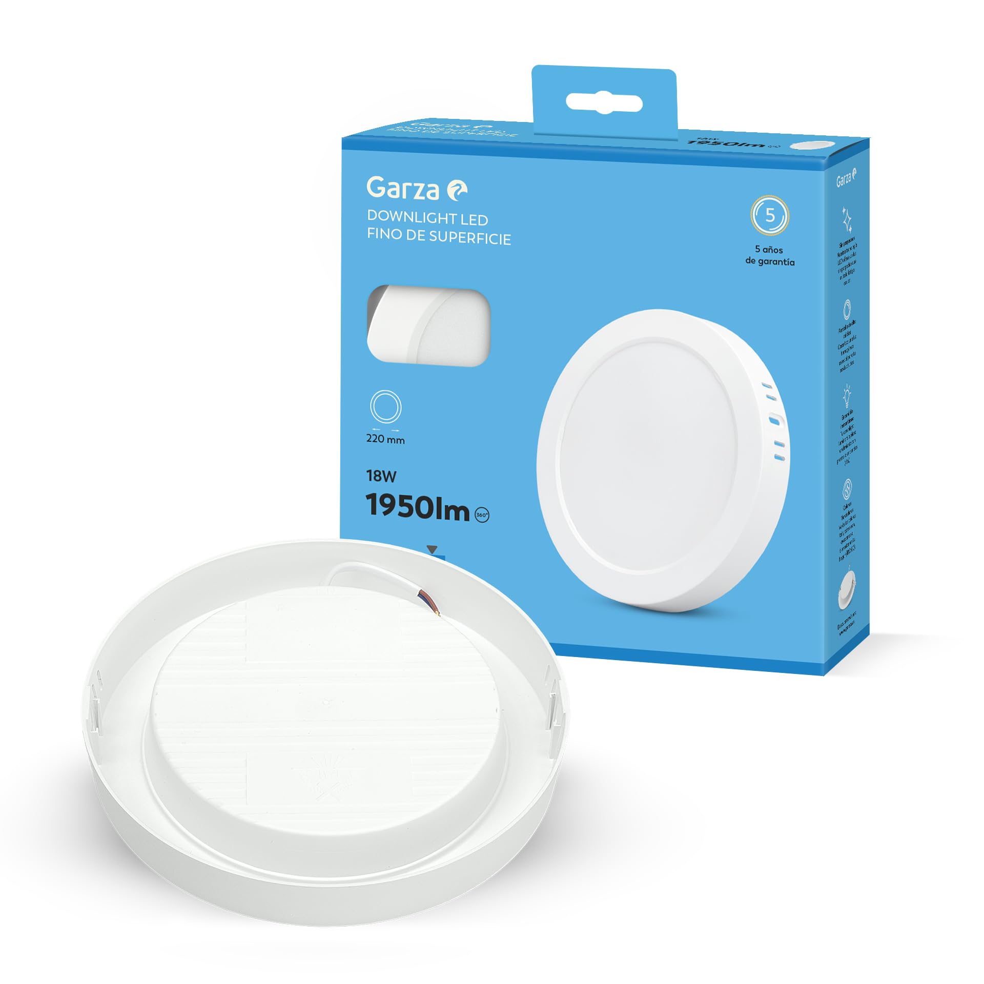 Garza - Downlight LED Surface, Circular, Ceiling Light, 22 cm, 18W, 6500K Cold Light, 1950lm, 30,000h, IP20, White, Energy Saving 80%