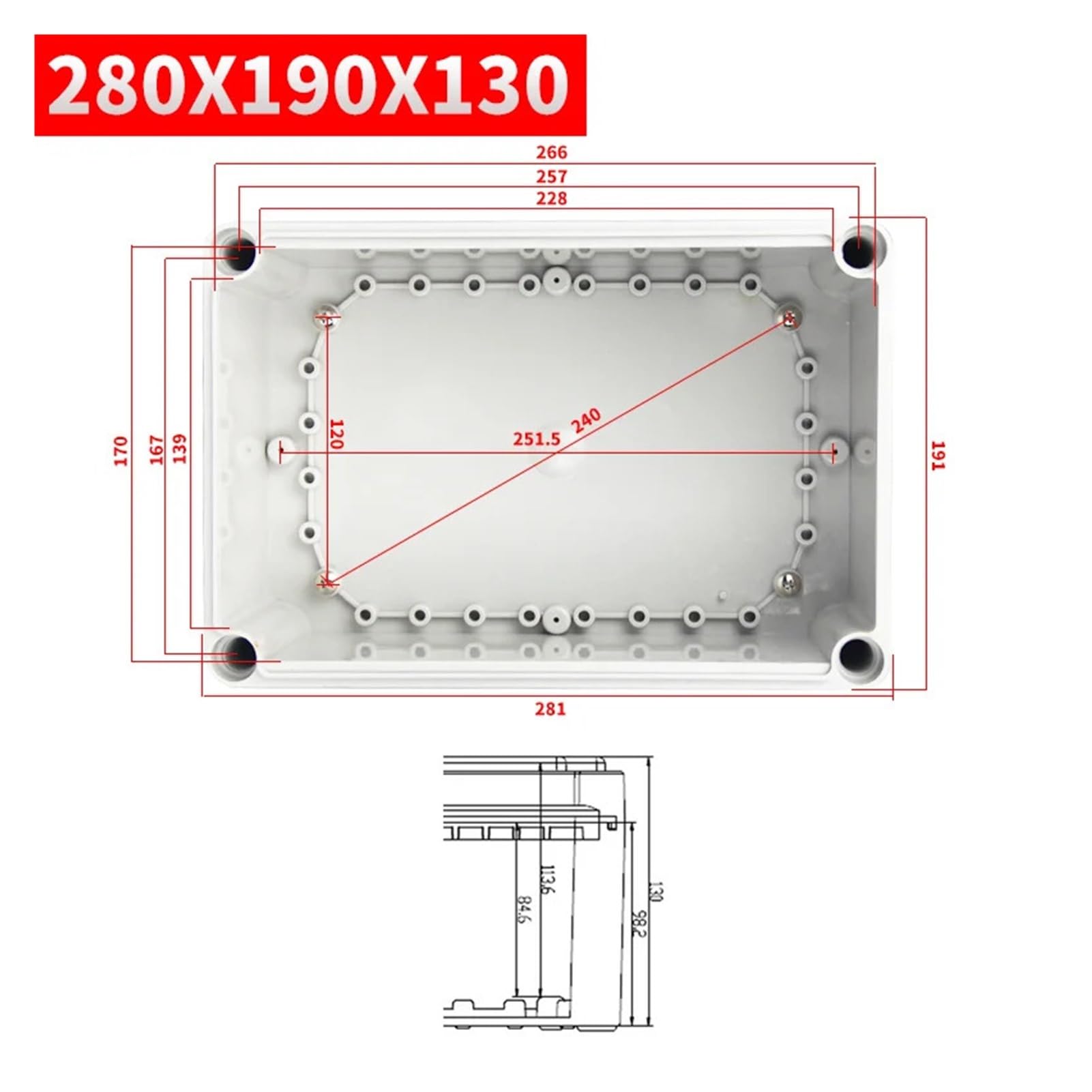 Caja de conexiones estanca Caja de plástico resistente al agua, caja de instrumentos for electrónicos ip67, caja de eléctricos, carcasa de caja de conexiones for exteriores ABS(280x190x130)