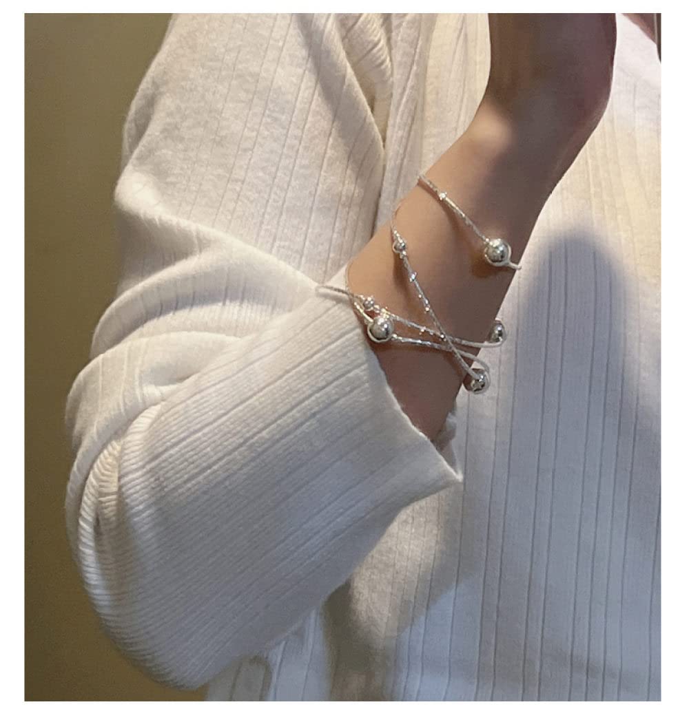 LYGXWJFC Bracciale in Argento Sterling, Bracciale in Argento Sterling S925 Multistrato Avvolgimento Tubo Piegato Perline Rotonde Bracciale in Argento Bracciale Elastico Catena in Argento Gioielli di